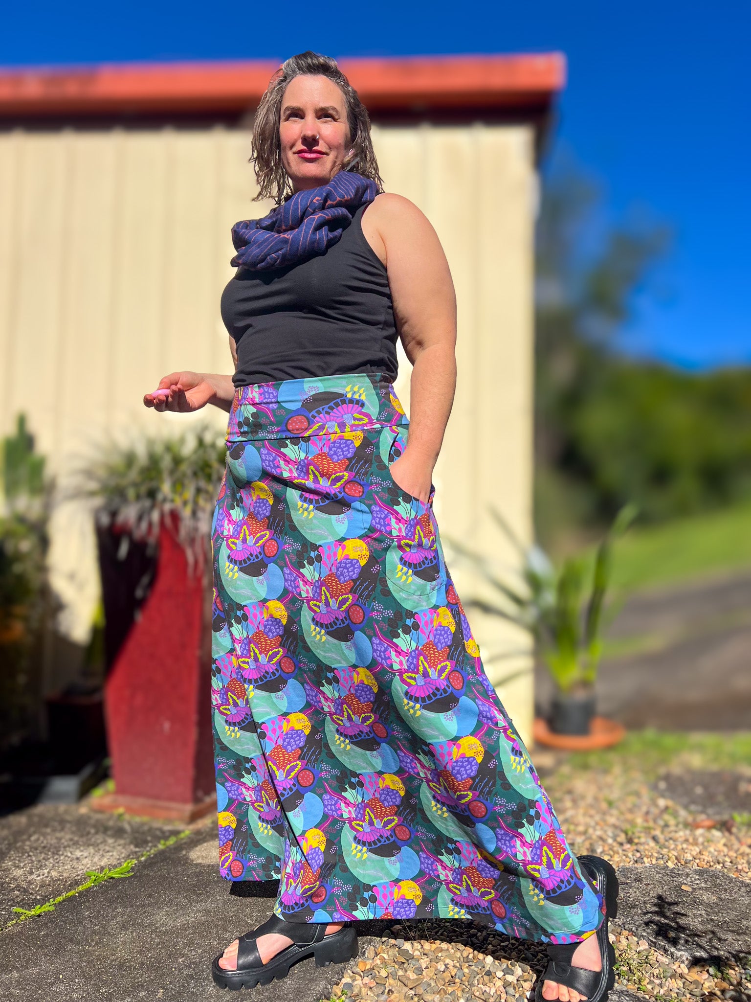 Stretch Maxi Skirt - Dark Coral Garden