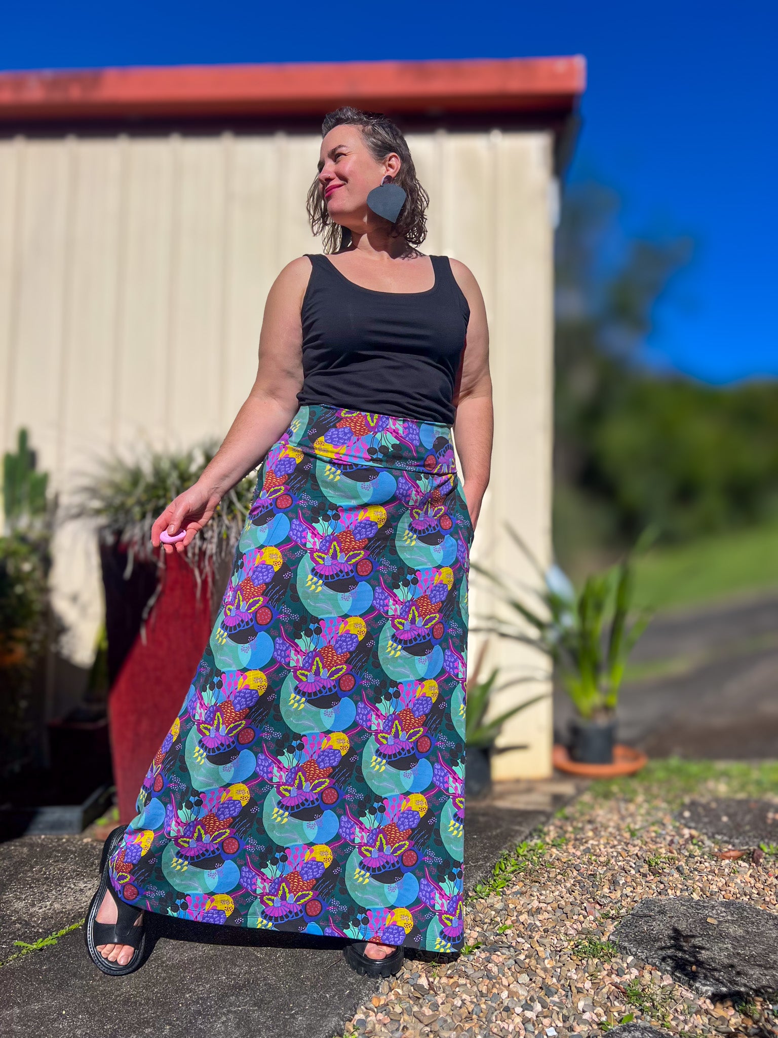 Stretch Maxi Skirt - Dark Coral Garden