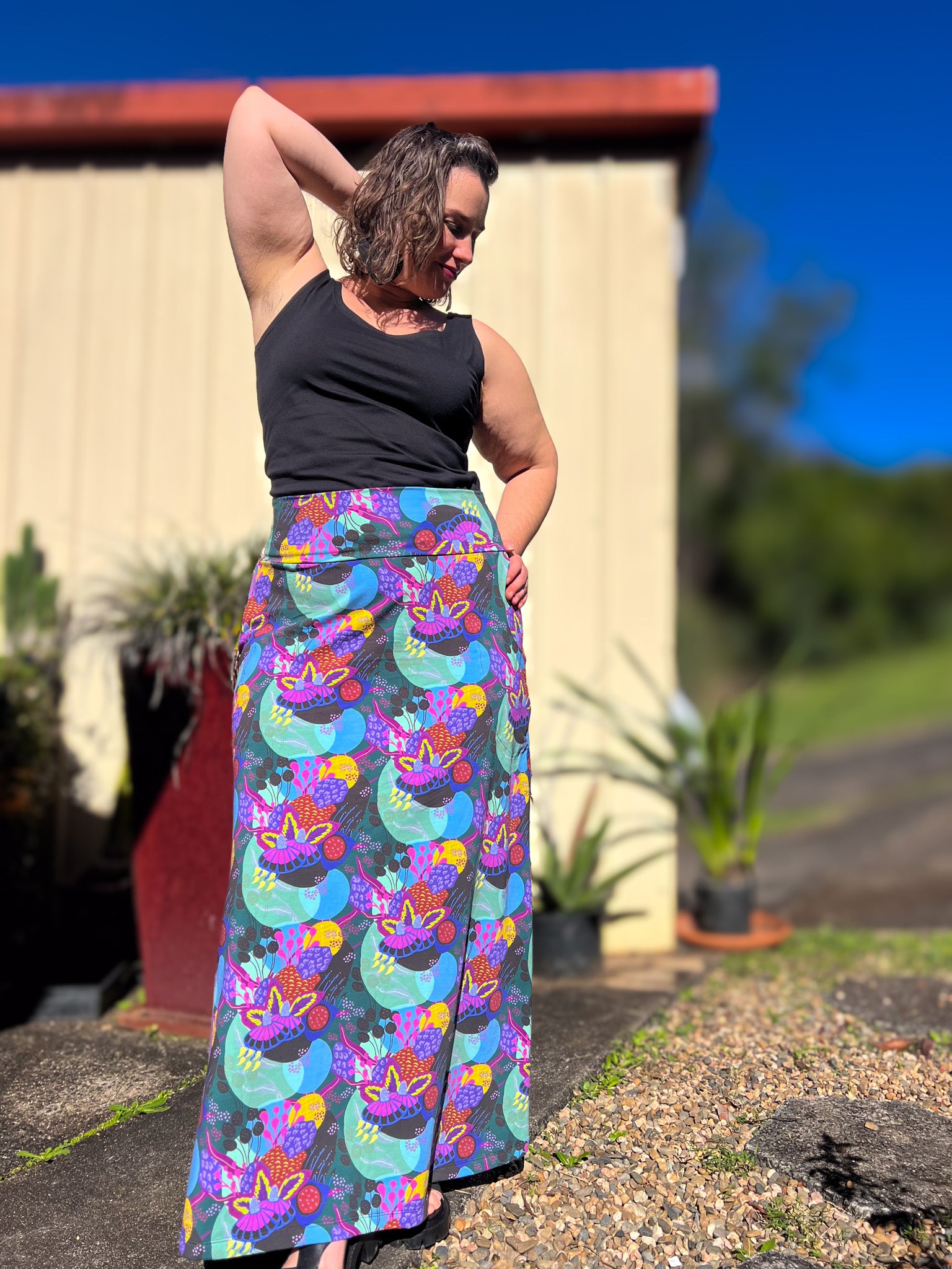 Stretch Maxi Skirt - Dark Coral Garden