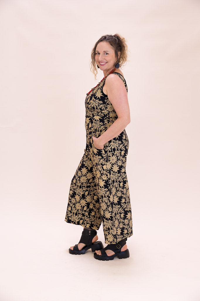 Pull On Stretch Jumpsuit - Straw Flannel Flower