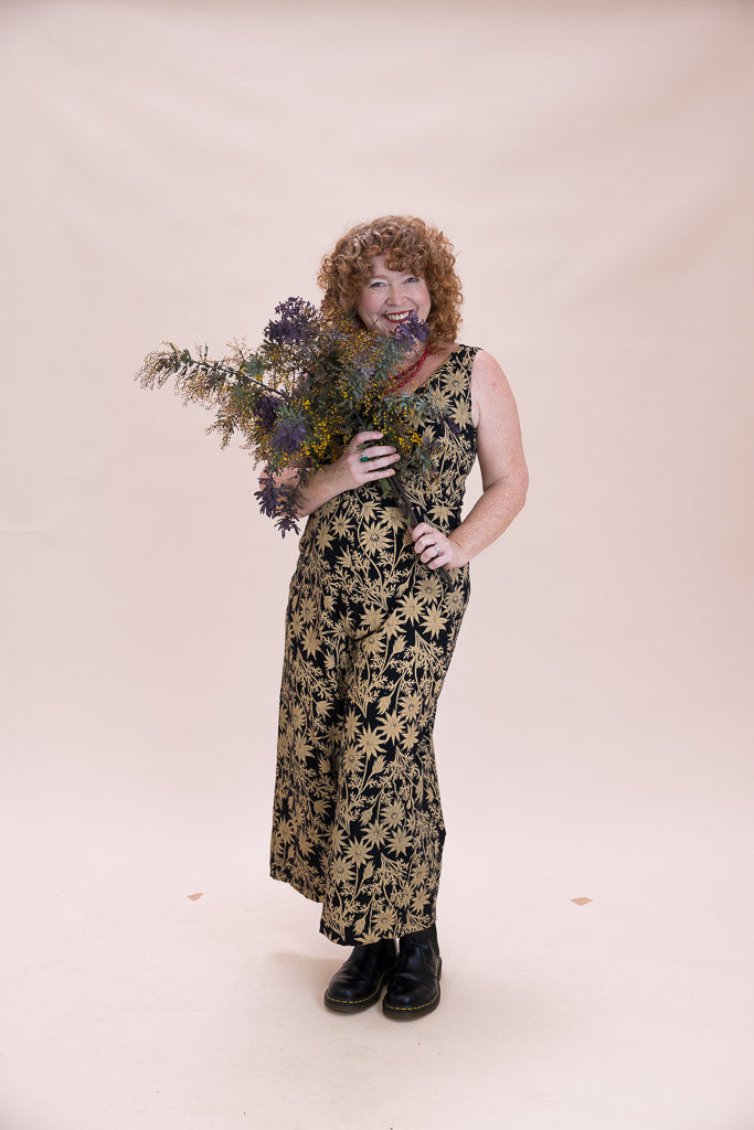 Pull On Stretch Jumpsuit - Straw Flannel Flower
