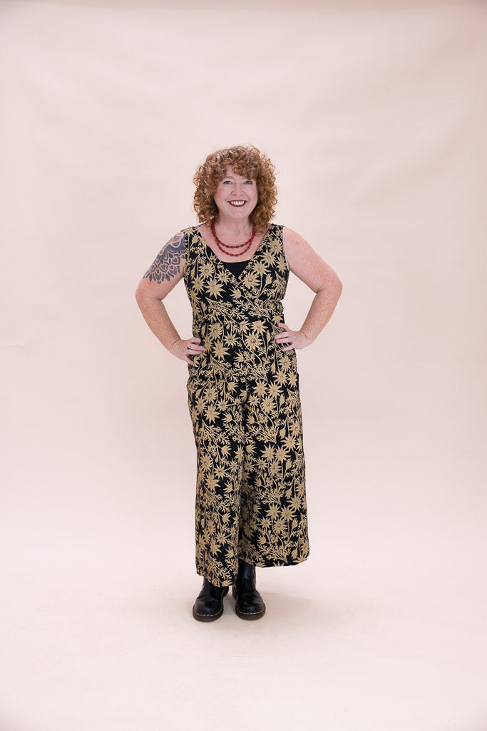 Pull On Stretch Jumpsuit - Straw Flannel Flower