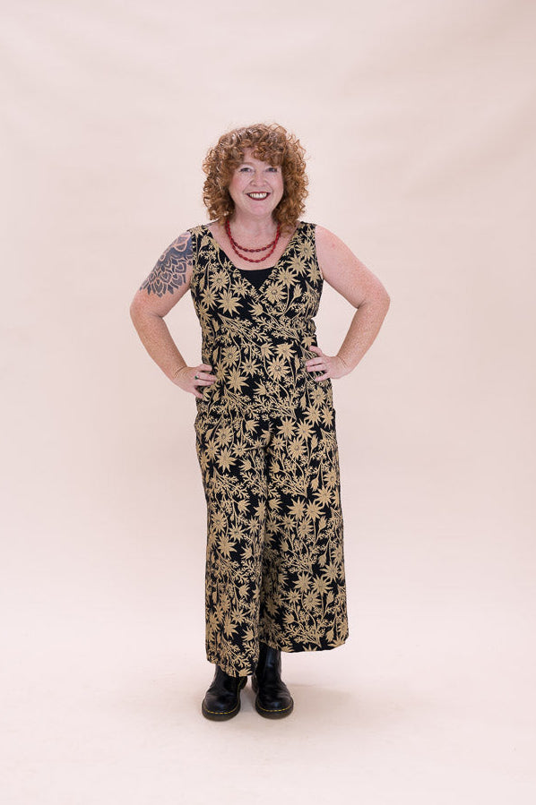 Pull On Stretch Jumpsuit - Straw Flannel Flower