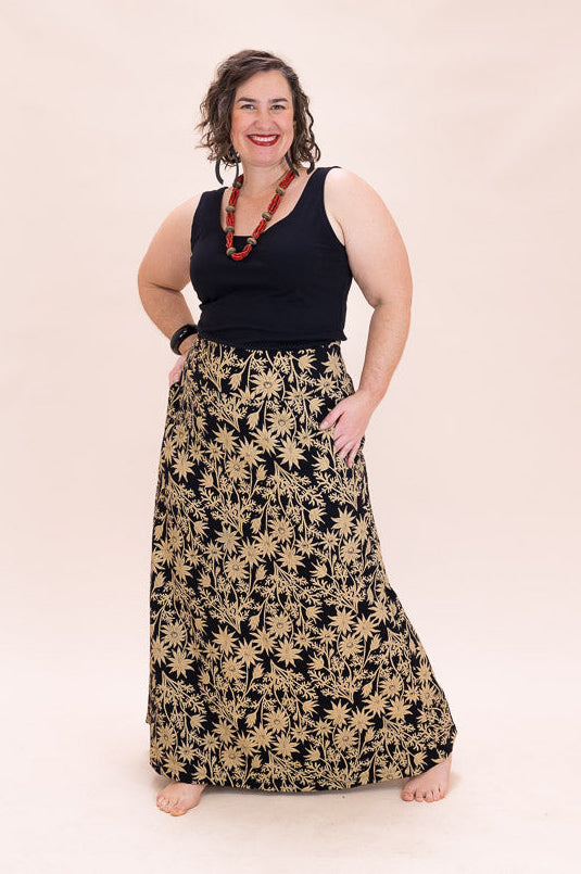 Stretch Maxi Skirt - Straw Flannel Flower