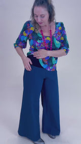 Navy Linen Viscose Wide-Leg Sidewalk Pants