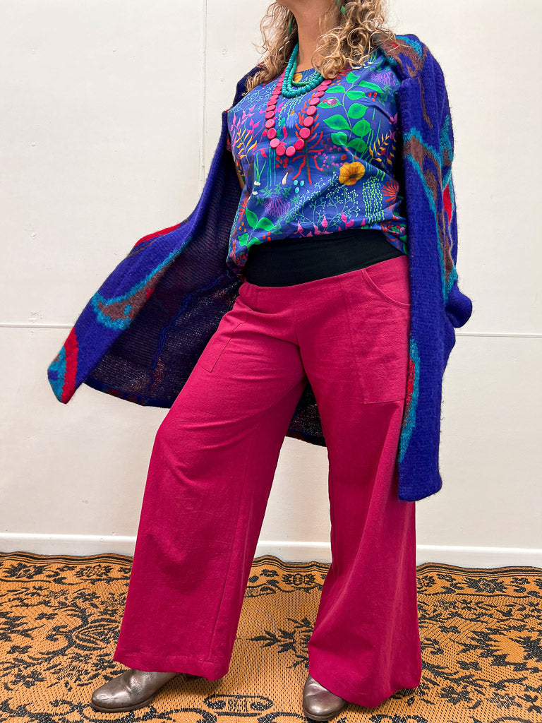 Hot Rose Linen Viscose Wide-Leg Sidewalk Pants