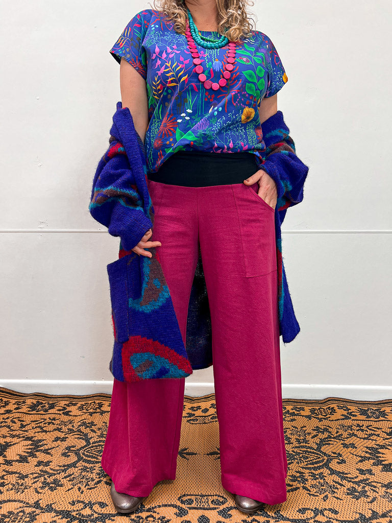 Hot Rose Linen Viscose Wide-Leg Sidewalk Pants