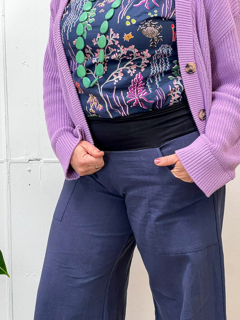 Navy Linen Viscose Wide-Leg Sidewalk Pants