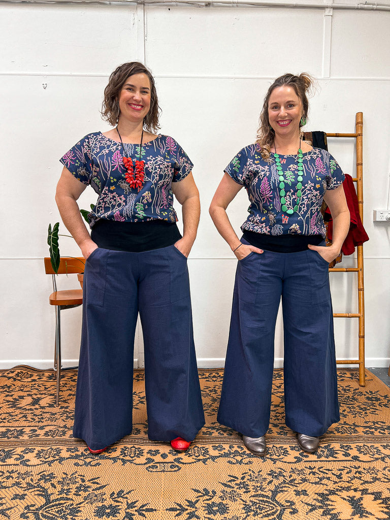 Navy Linen Viscose Wide-Leg Sidewalk Pants