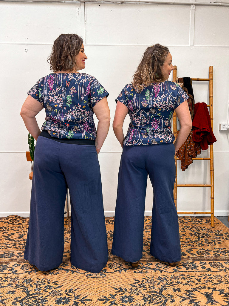 Navy Linen Viscose Wide-Leg Sidewalk Pants