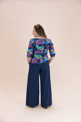 Navy Linen Viscose Wide-Leg Sidewalk Pants