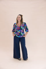 Navy Linen Viscose Wide-Leg Sidewalk Pants