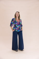Navy Linen Viscose Wide-Leg Sidewalk Pants