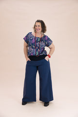 Navy Linen Viscose Wide-Leg Sidewalk Pants